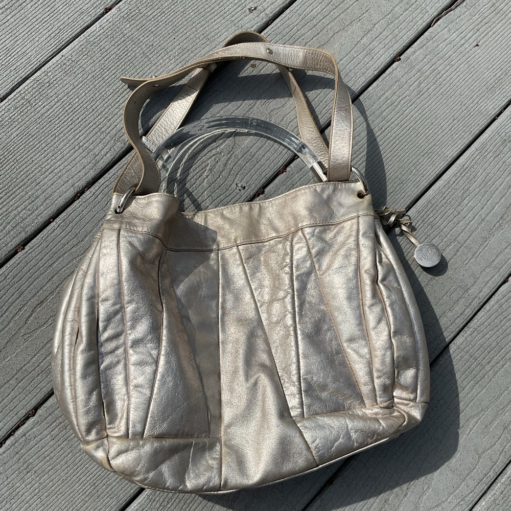 Silver Metallic FURLA Bag with clearLucite handle & adjustable straps